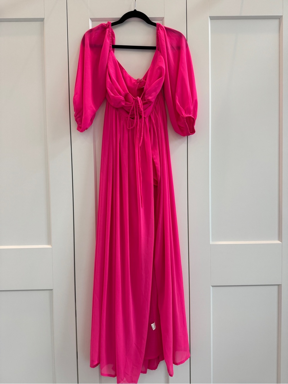Miss Circle Tie-Front Fuchsia Maxi Dress with Puff Sleeves